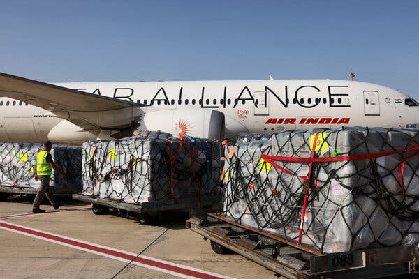 Medical aid for India from Israel waiting to be loaded at the Tel Aviv airport last week.