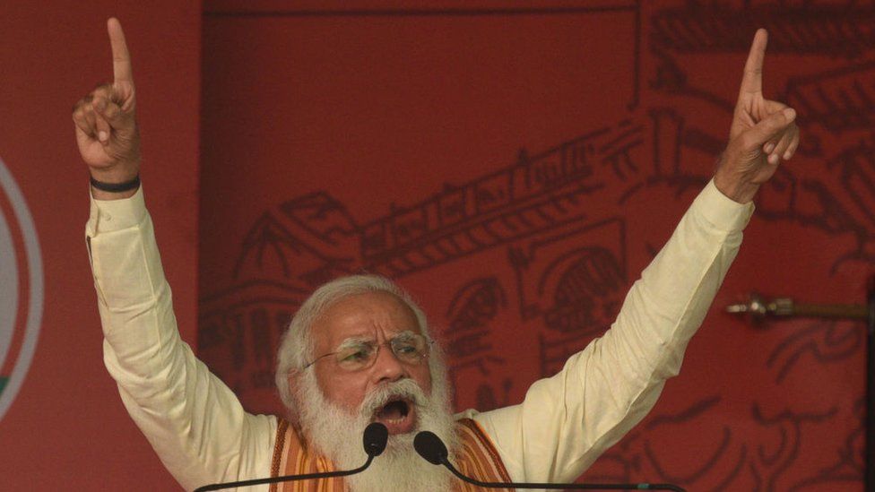 Prime Minister Narendra Modi addresses a public rally for West Bengal Assembly Election at Barasat on April 12, 2021 in North 24 Parganas, India