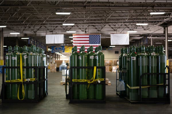 Oxygen tanks at Travis Air Force Base in California. The United States donated medical supplies and other items to India last month.
