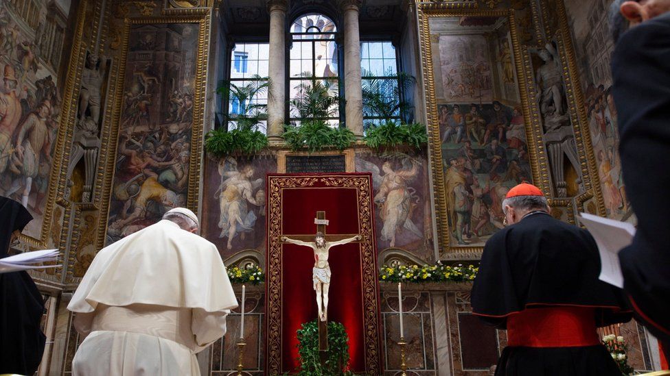 Pope Francis prays in Apostolic Palace in the Vatican